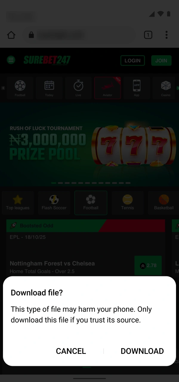 Start the download of Surebet247 Android APK file.