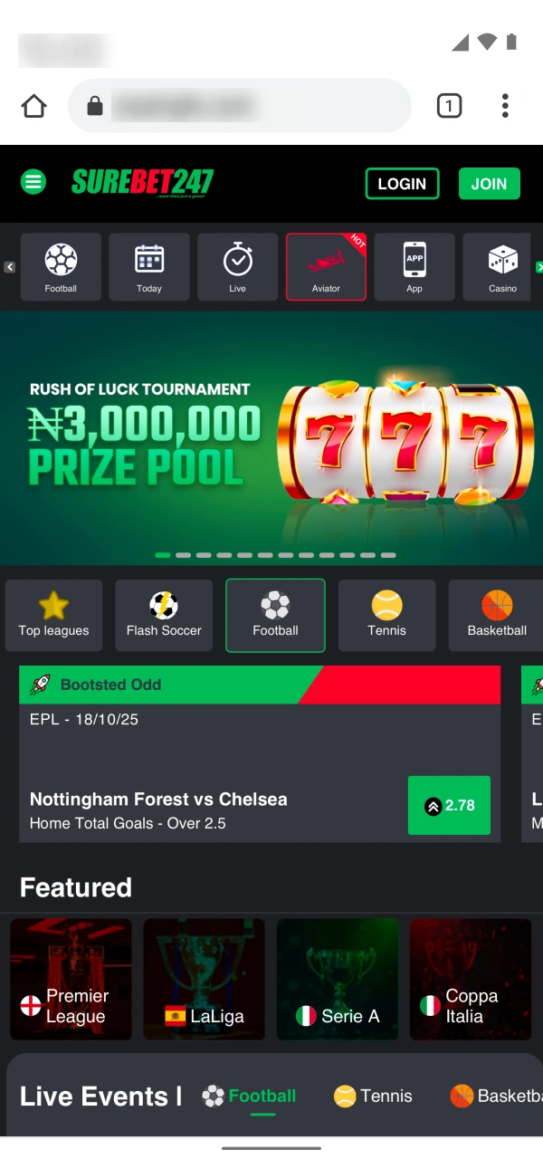 Open your mobile browser and visit the Surebet247 site.