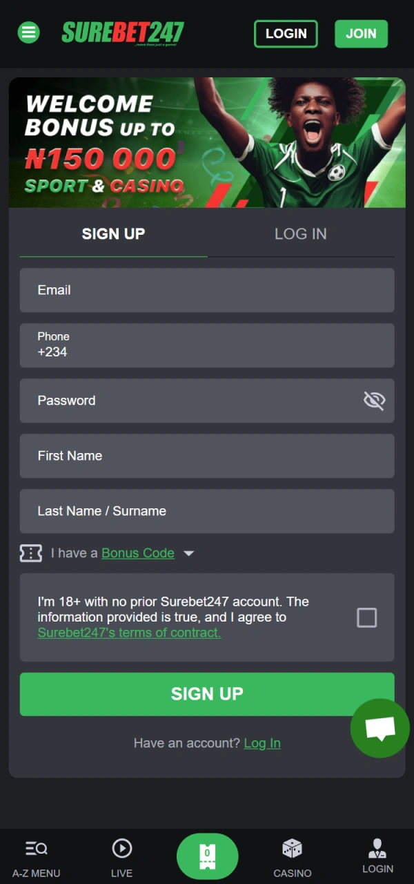 Launch Surebet247 iOS app and proceed with login or registration.