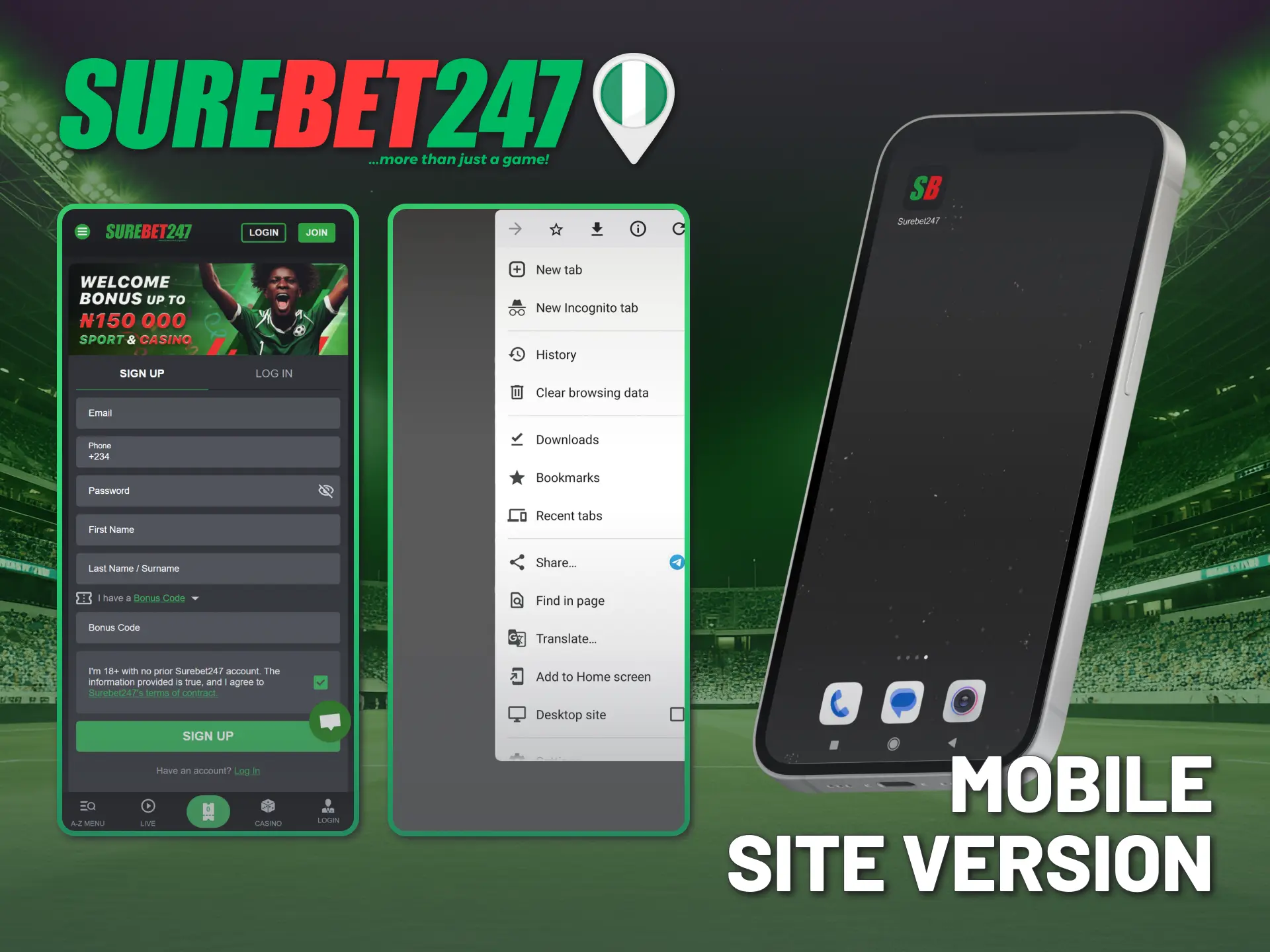 Browse sports and games on Surebet247 Nigeria mobile version.