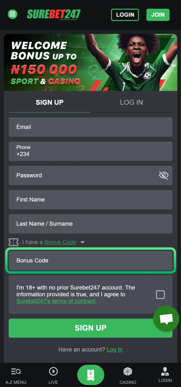 Get your Surebet247 Nigeria welcome bonus during registration with app.