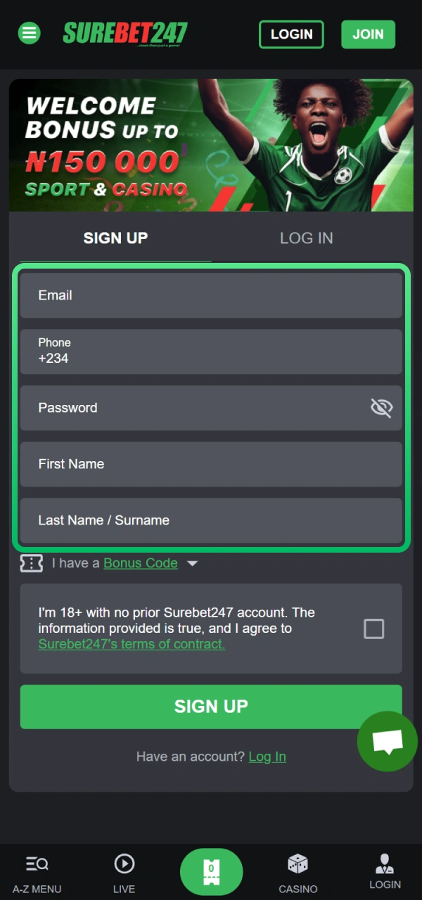 Proceed with registration and fill in details on Surebet247 app.