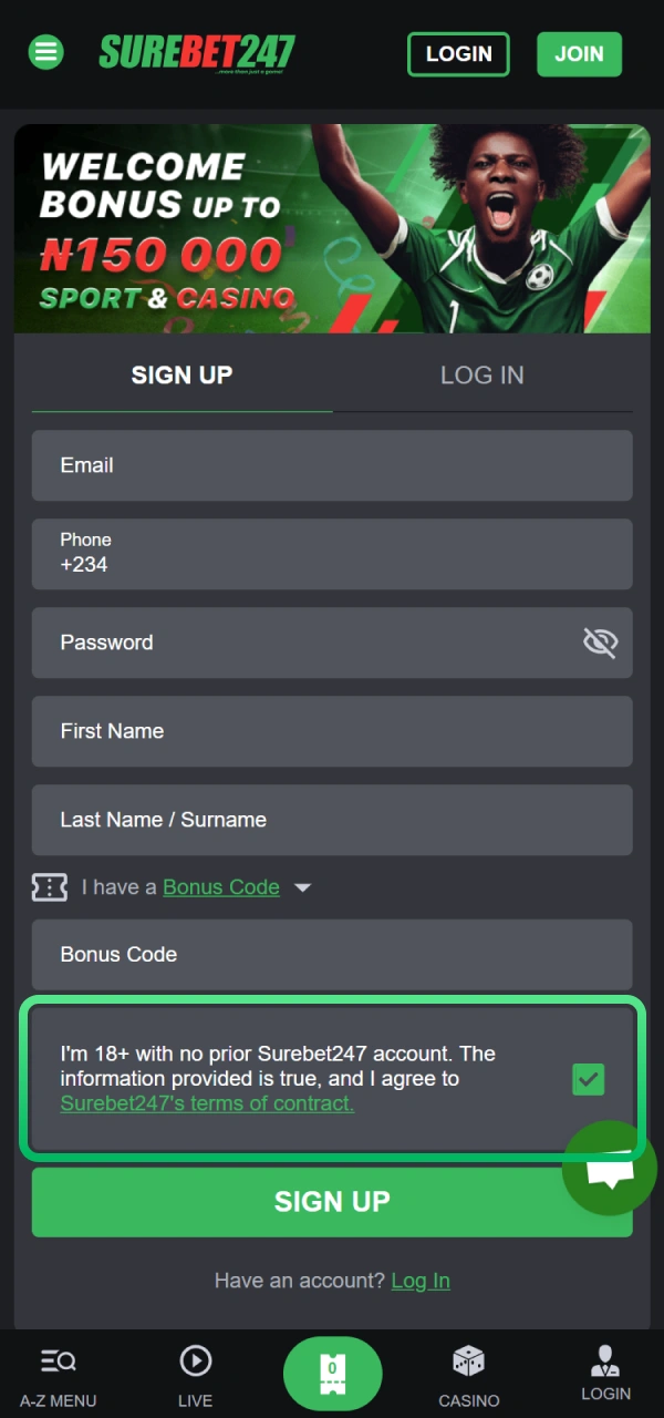 Accept the Surebet247 Nigeria rules for app registration.