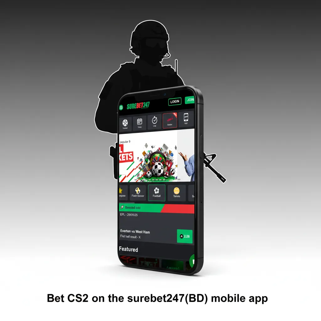 Phone showing surebet247(BD) app with CS2 esports odds, live markets, naira stake and quick cashout icons, Android/iOS.