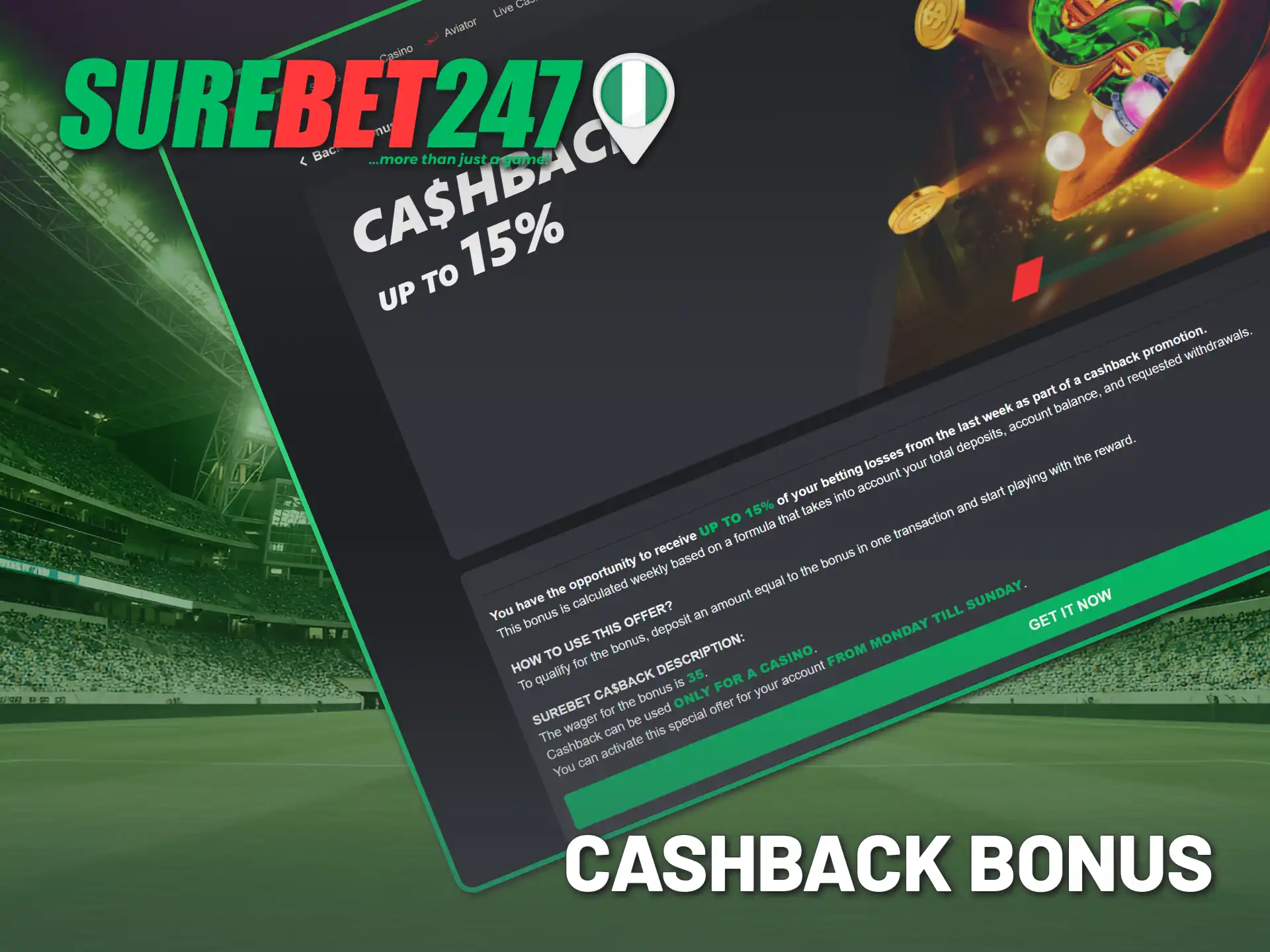 Recover losses with the Cashback Bonus from Surebet247 Nigeria official.