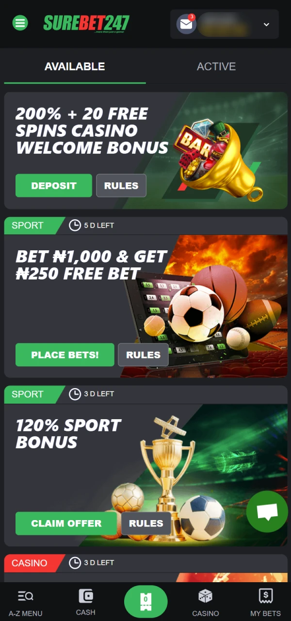Claim your desired bonus from the Promotions section on Surebet247.