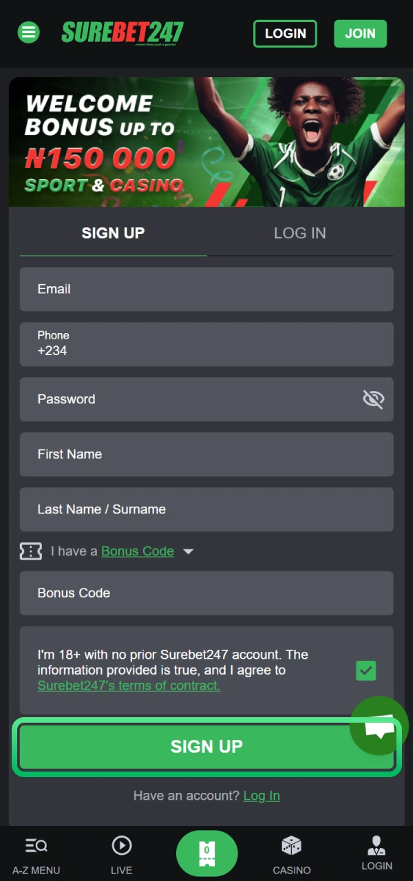 Get closer to Surebet247 bonuses by clicking Sign Up button.