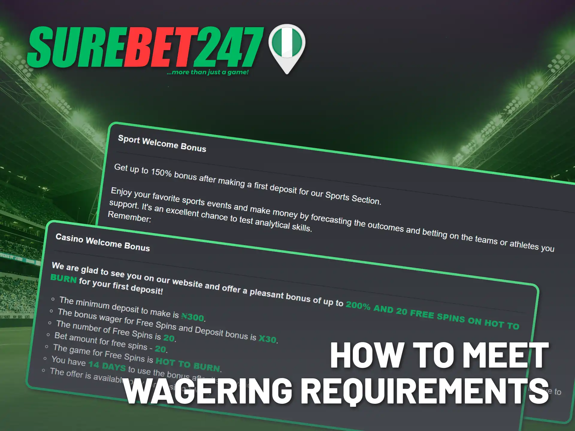 Follow tips to meet the wagering requirement for Surebet247 bonus.