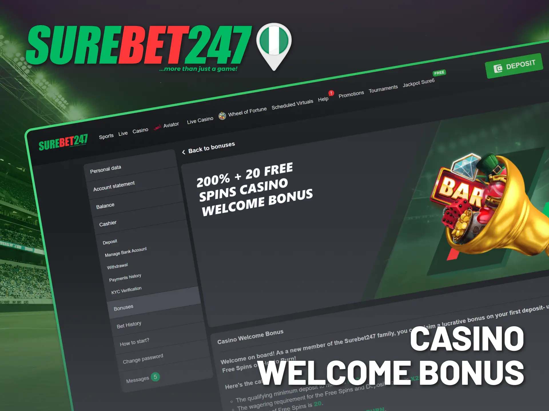 Claim the Surebet247 Casino welcome bonus plus Free Spins.