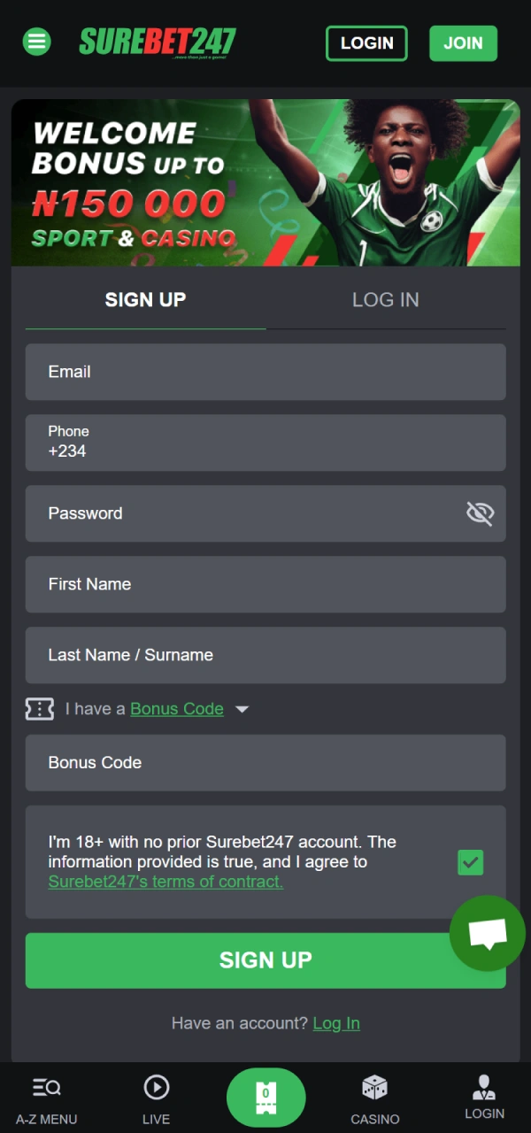 Register your Surebet247 account to claim a welcome bonus.