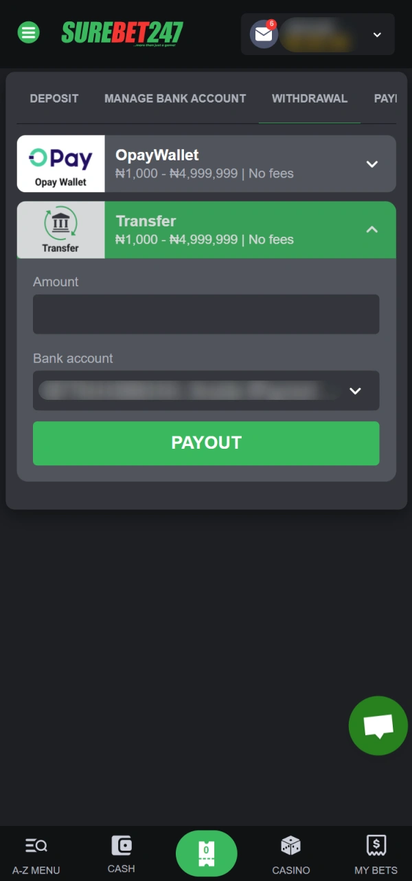 Confirm bonus conditions and withdraw your winnings from Surebet247 Nigeria.