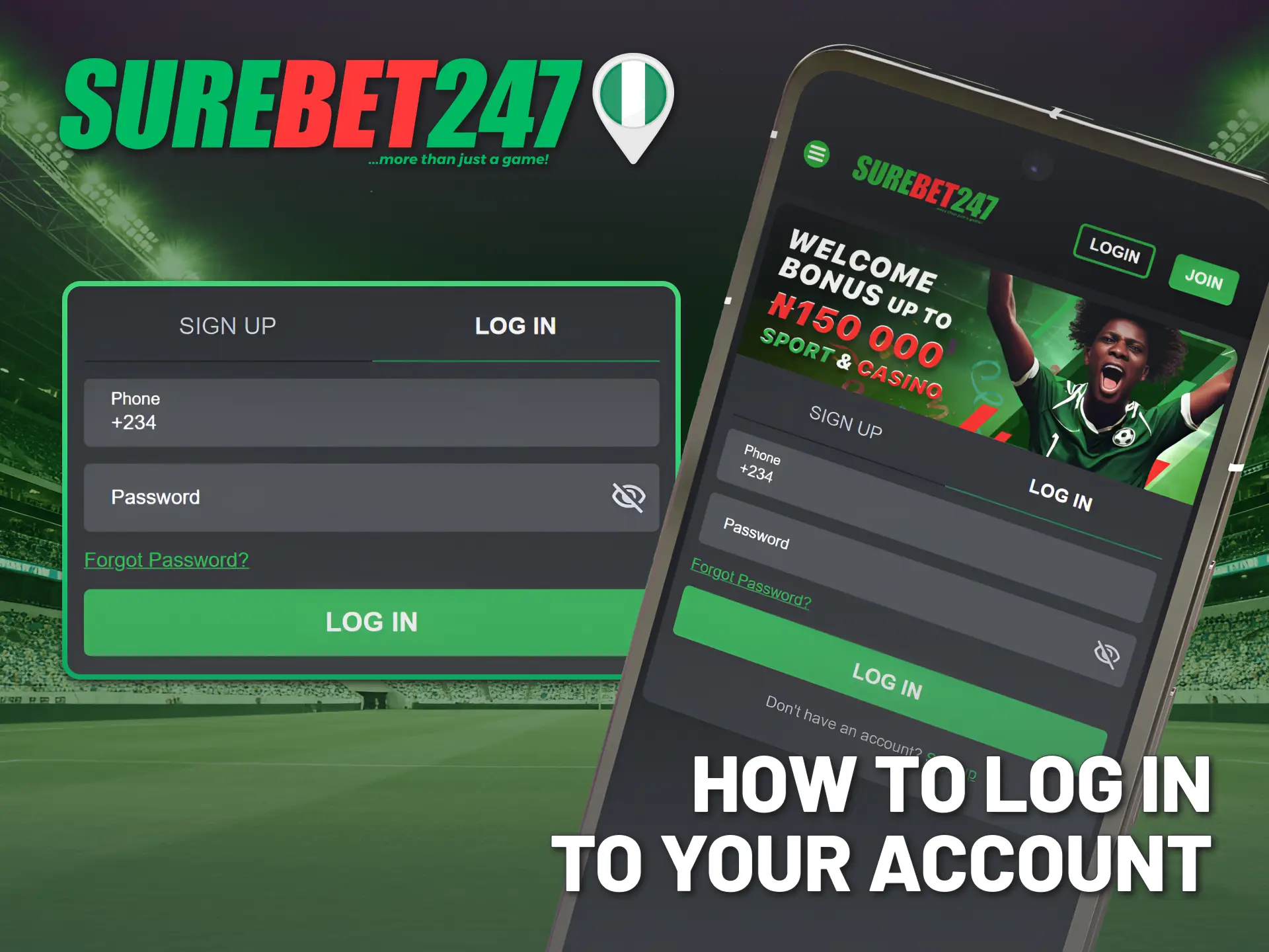 Log in to your Surebet247 casino account via mobile app.