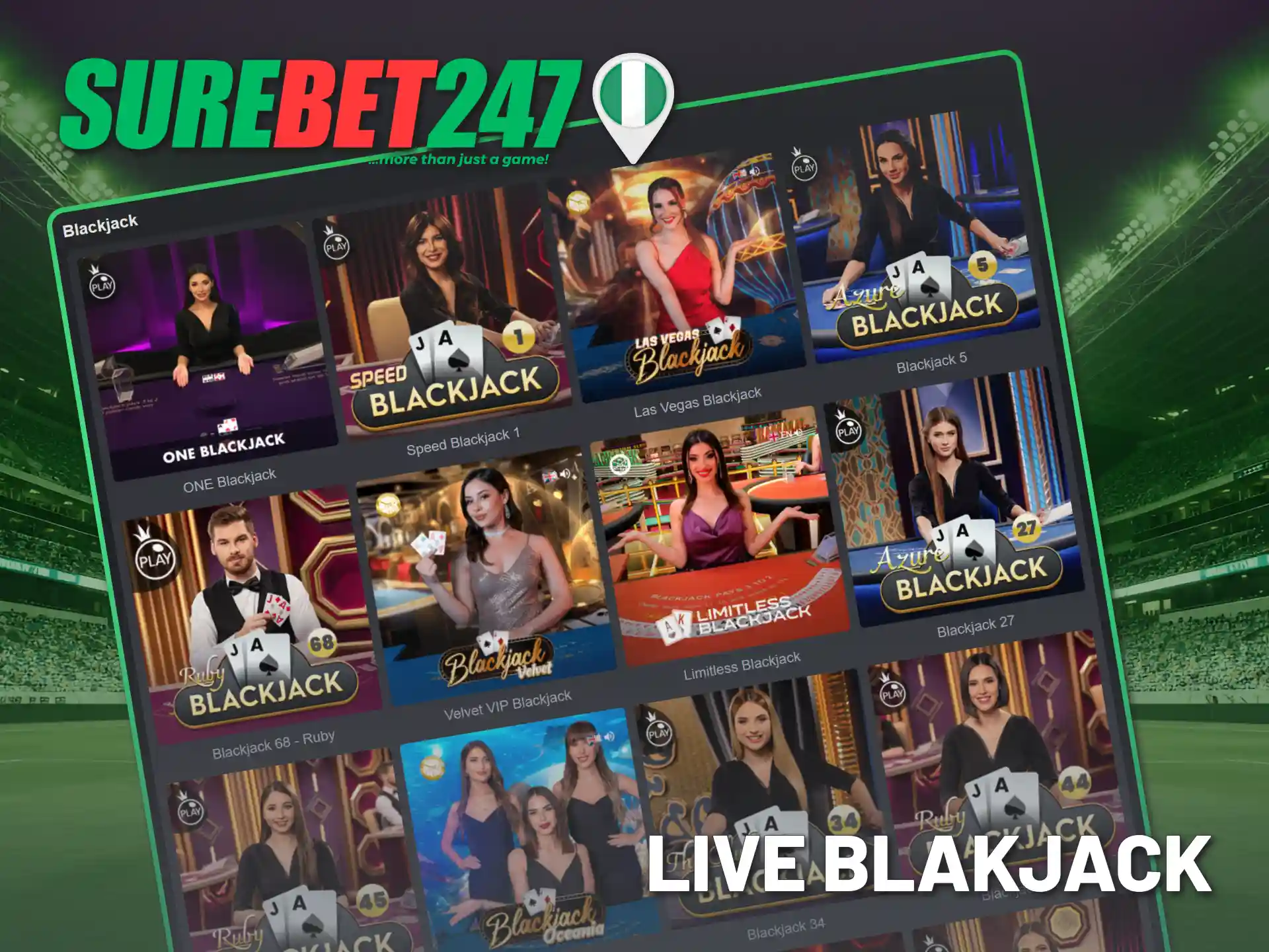 Play Surebet247 live blackjack with various online bet limits.