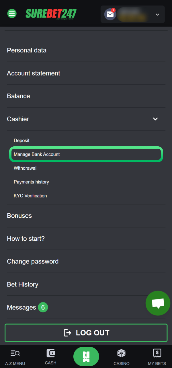 Go to Cashier section to withdraw money from Surebet247 casino.