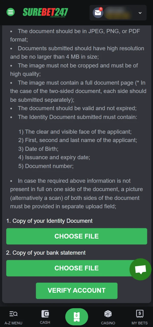 Upload ID documents to meet withdrawal requirements on Surebet247 casino.