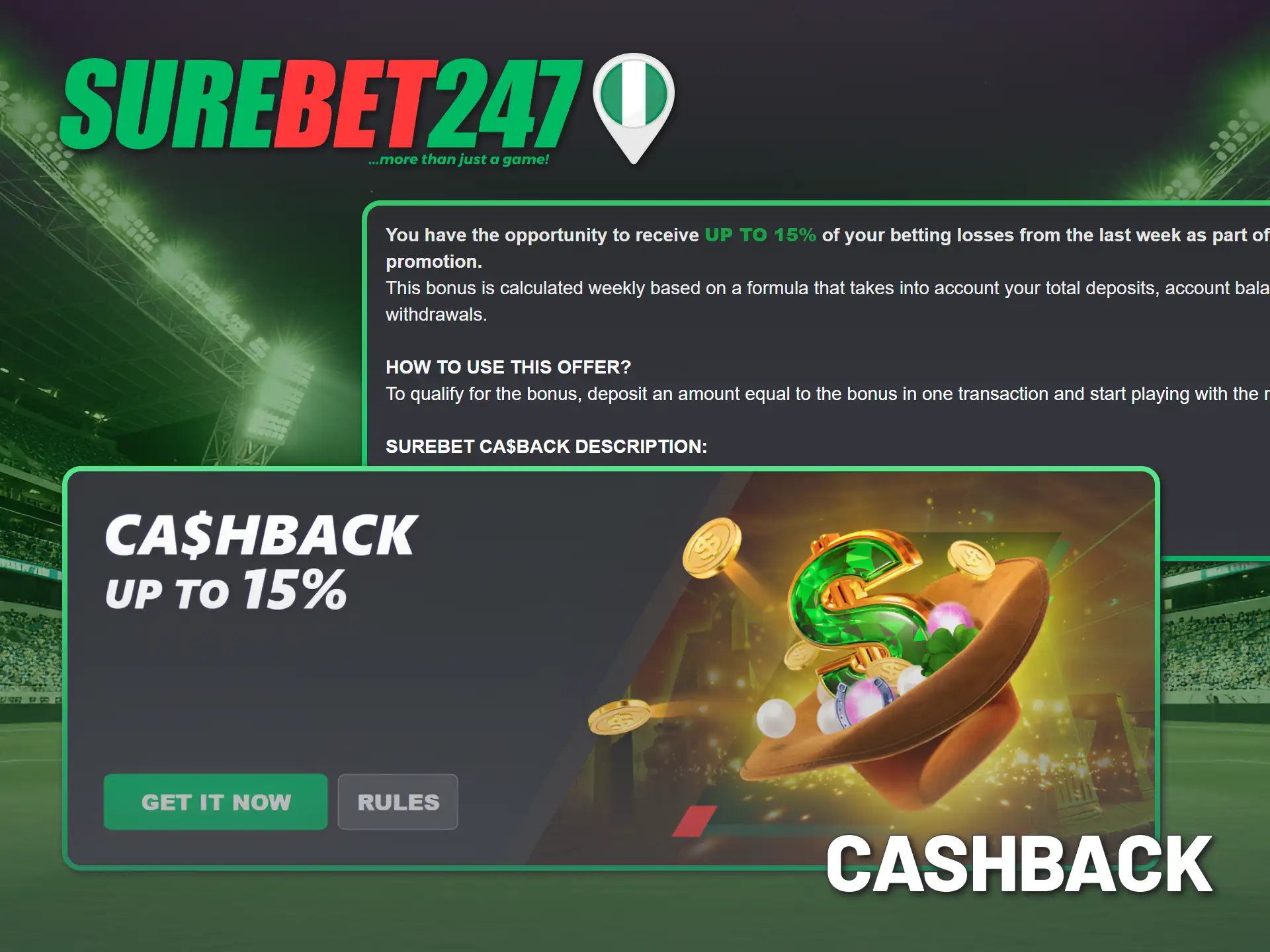 Explore how to earn cashback bonus from Surebet247 official website.