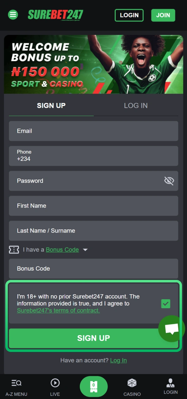 Complete the registration and create a new accout at Surebet247.