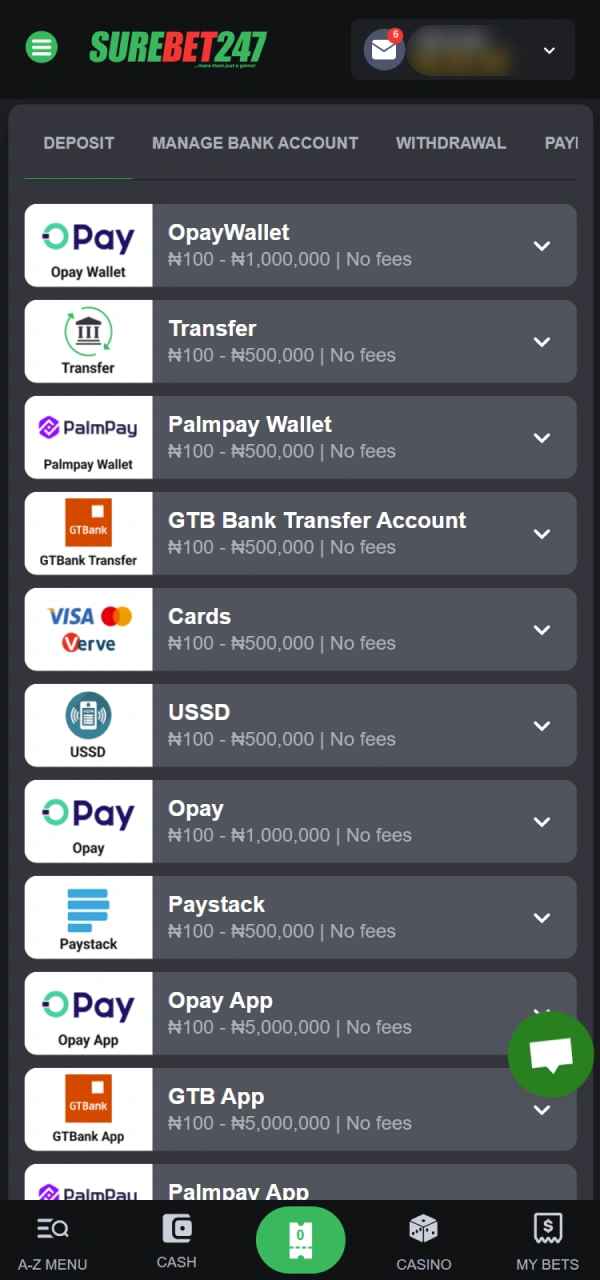 Select a comfortable payment method avaliable at Surebet247 in Nigeria.