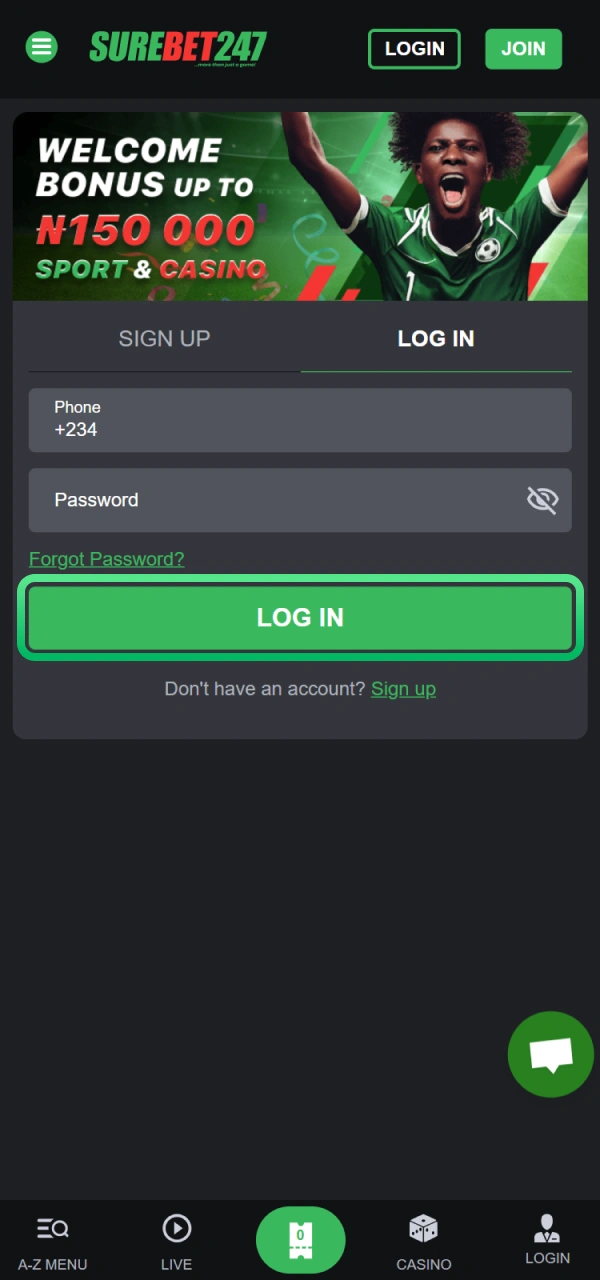Press the login button again to access Surebet247 Nigeria platform.