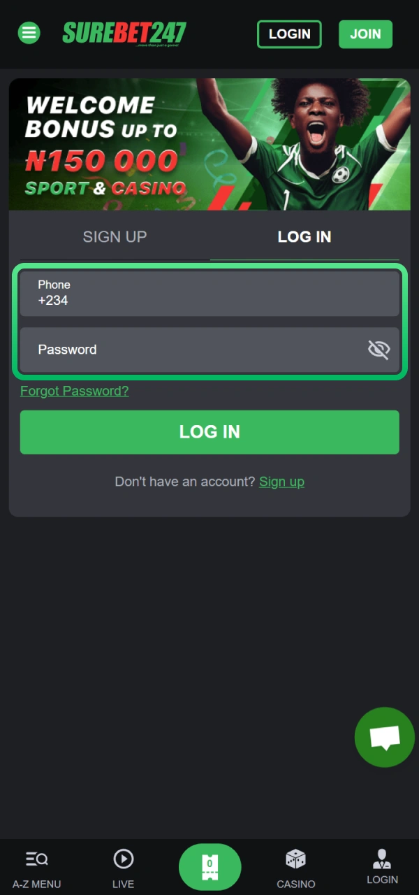 Log in to Surebet247 Nigeria by entering your personal details.