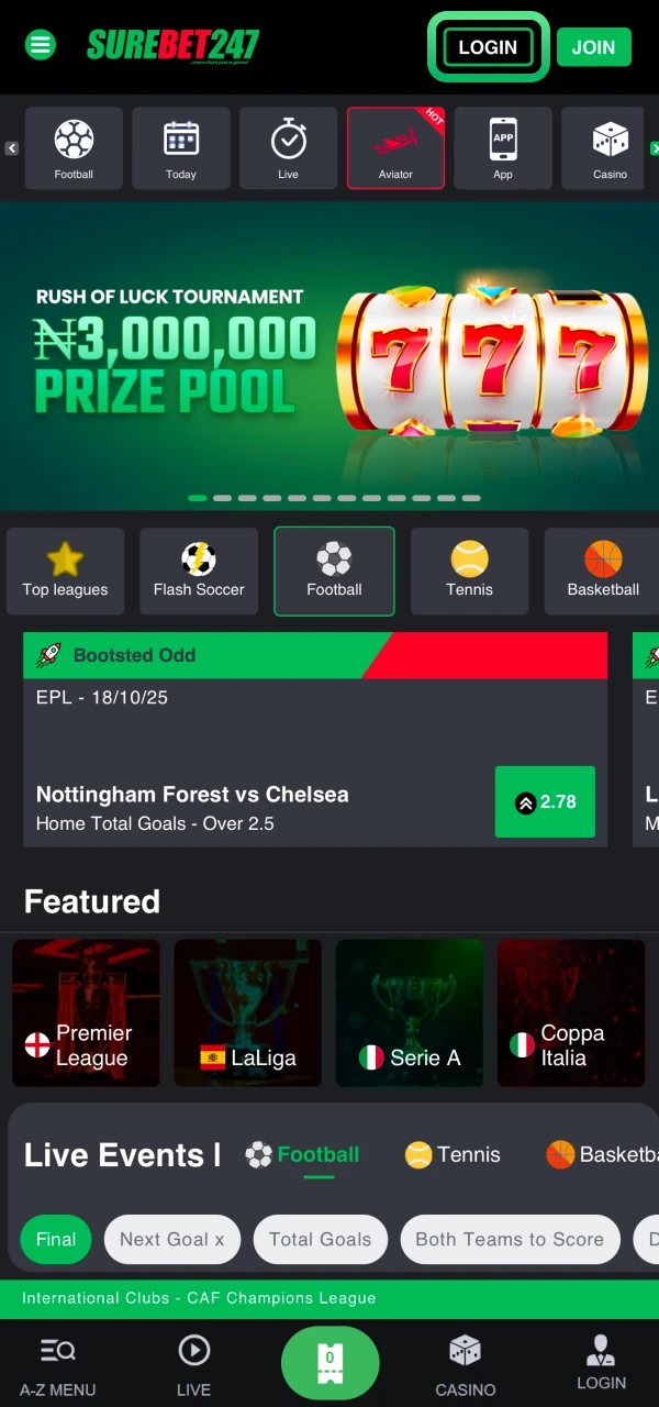Click login button on the top of Surebet247 main page.