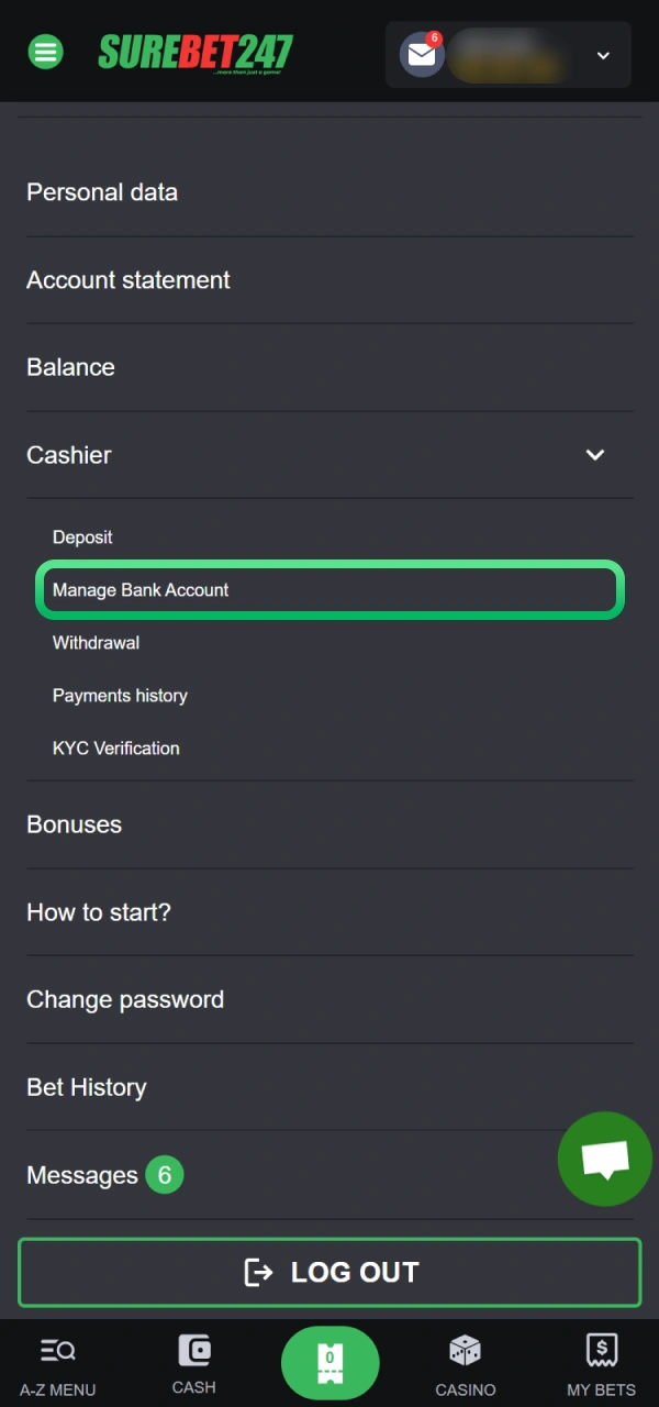 Go to Manage Bank Account for your Surebet247 online withdrawal.