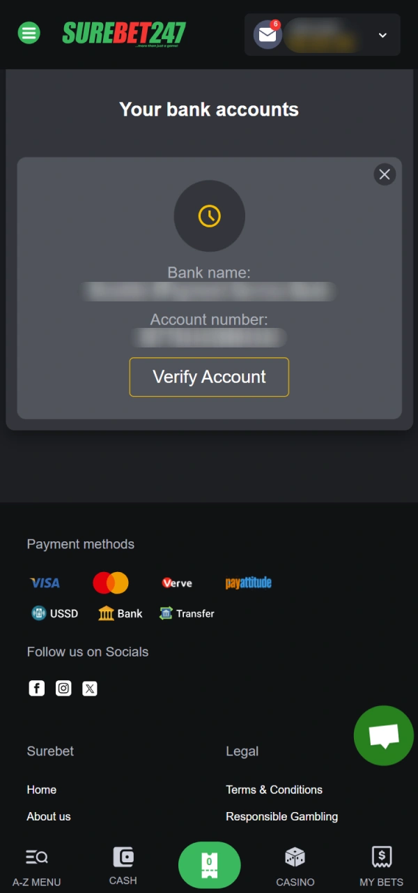 Check all entered bank details before withdrawing from Surebet247 Nigeria.