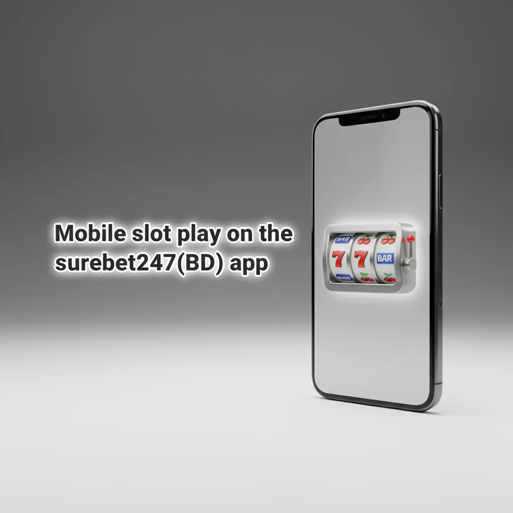 Smartphone displaying surebet247(BD) mobile slots lobby with spin button, balance header, and deposit/withdraw controls.