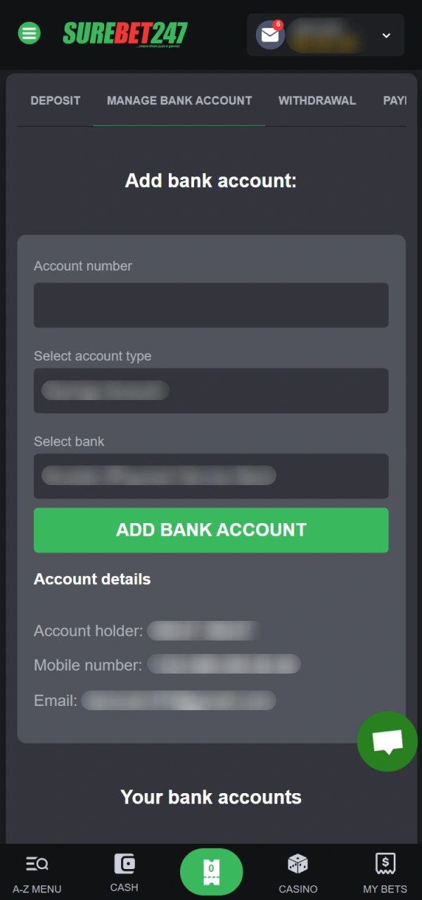 Select the bank and Account Type before withdrawing from Surebet247.