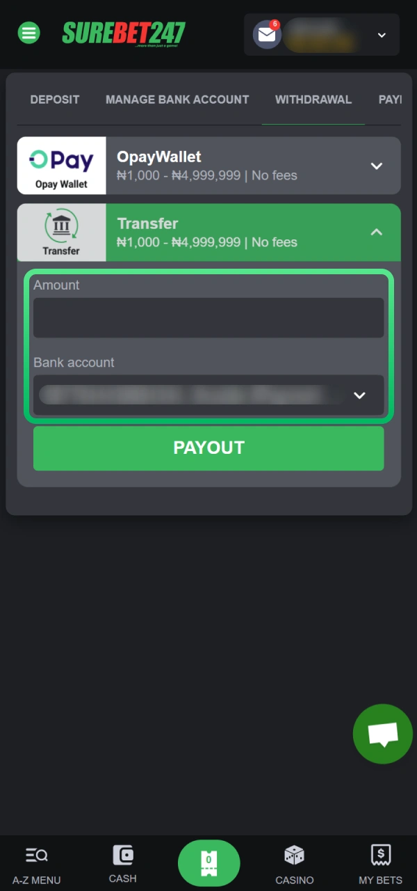 Fill in the fields in the Surebet247 Nigeria withdrawal section.