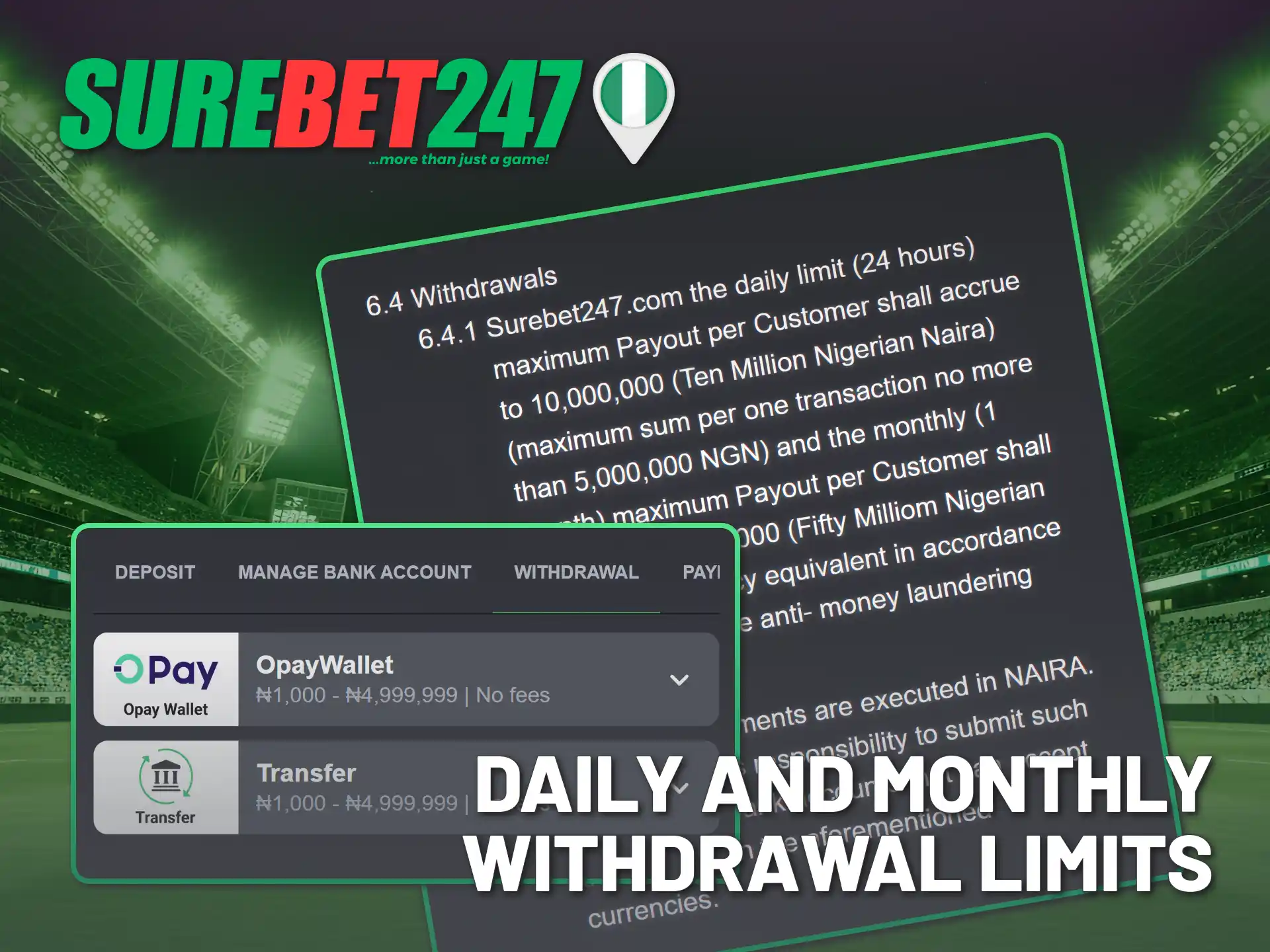 Check the Surebet247 daily and monthly withdrawal limits in Nigeria.