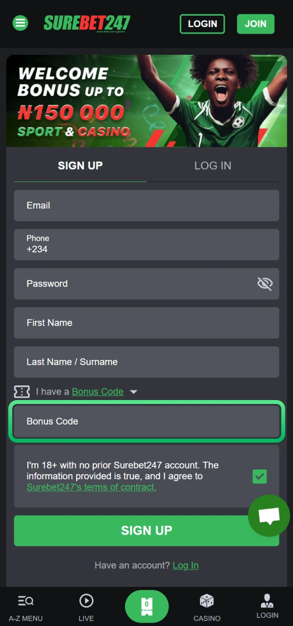 Input the registration promo code to claim the Surebet247 bonus.