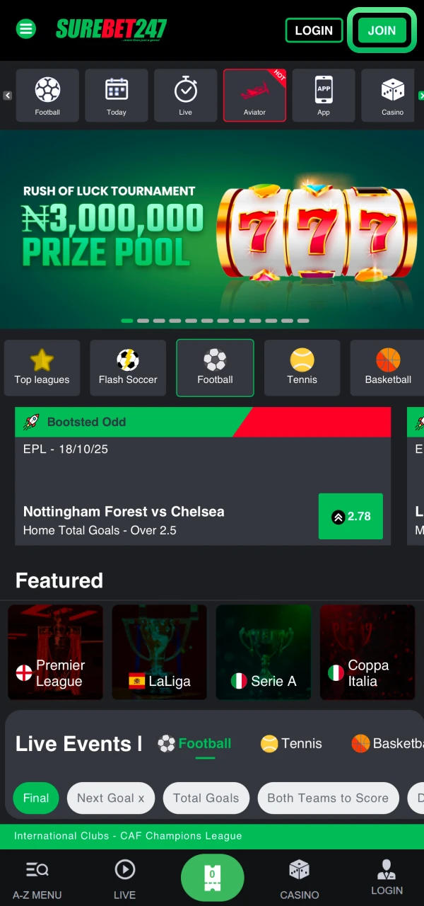 Begin your Surebet247 Nigeria signup by clicking Registration button.