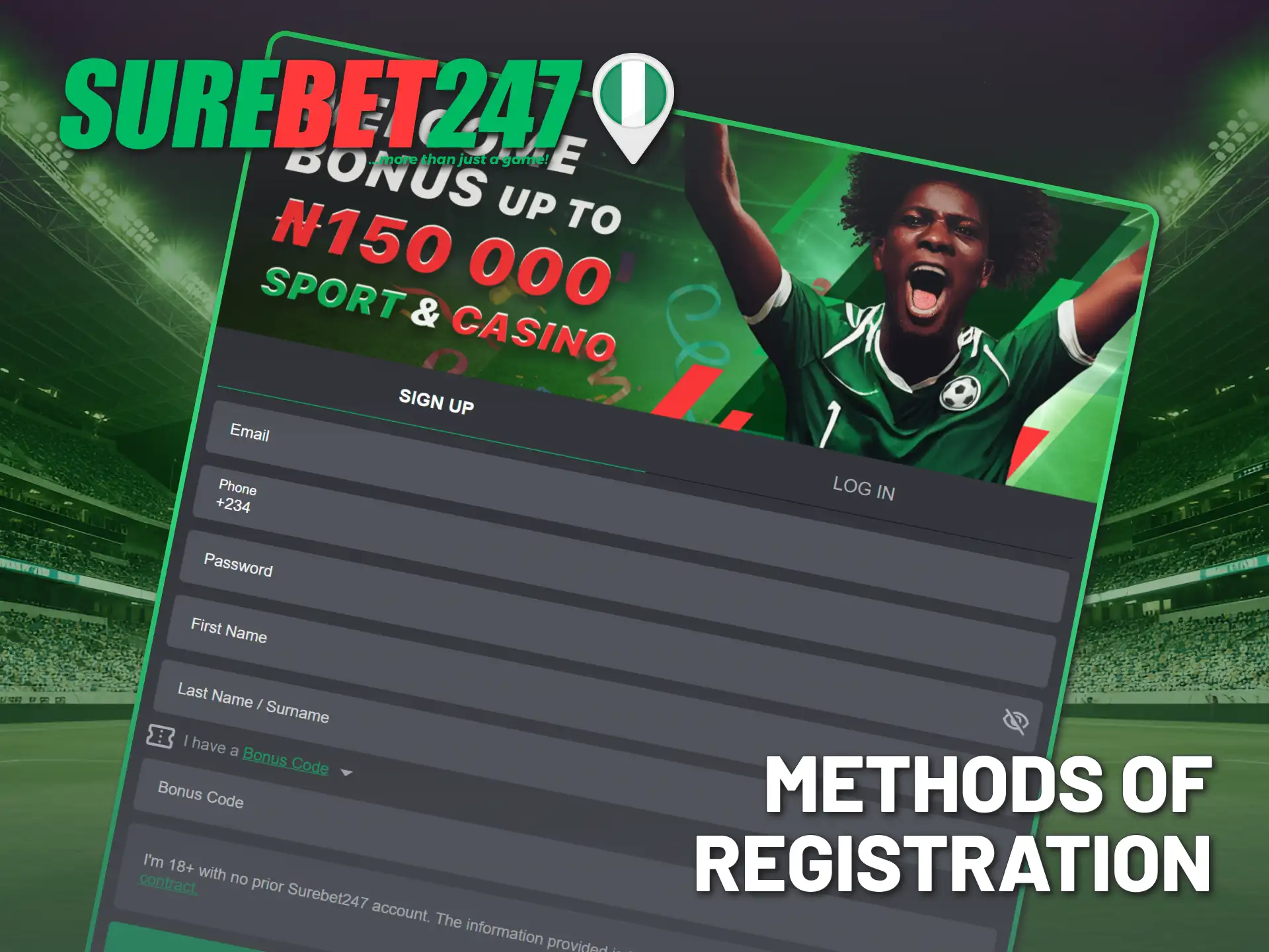 Choose your signup method on Surebet247 Nigeria official website.