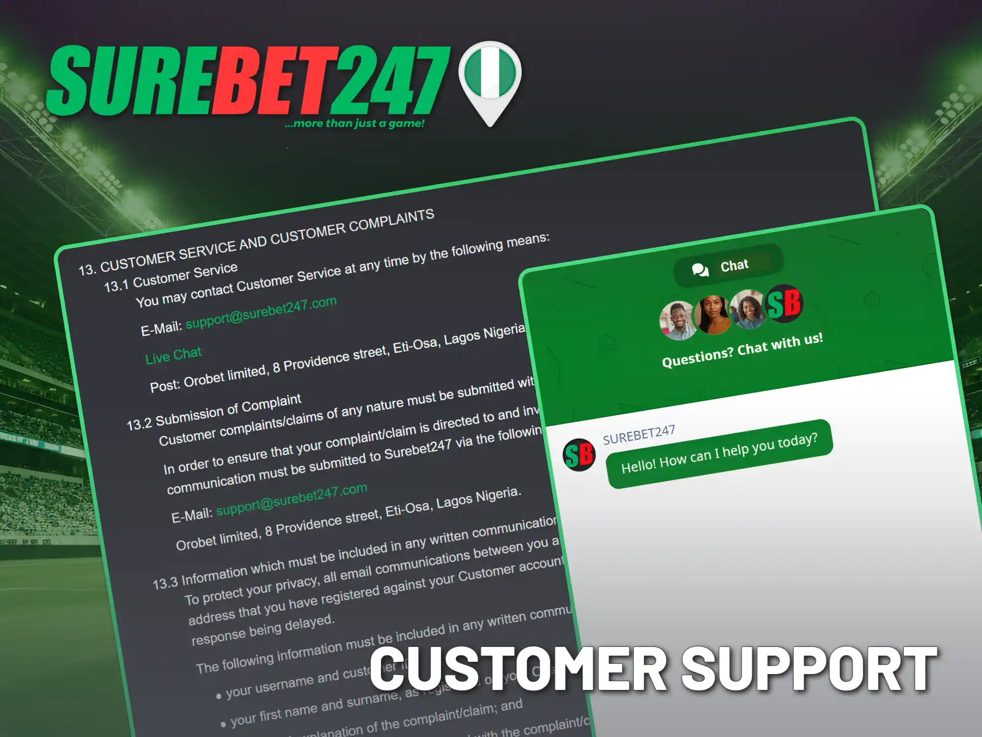 Contact Surebet247 online support for Nigerian users for any questions.