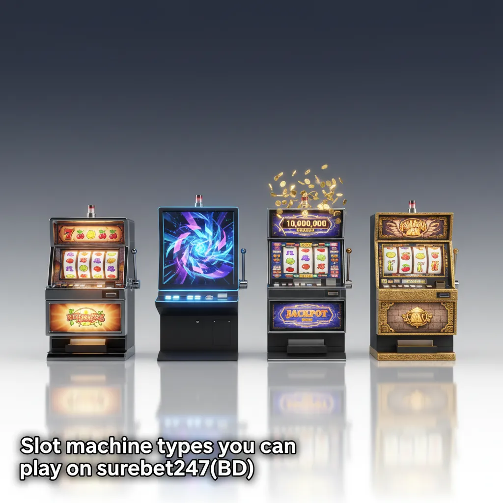 Slot machine types on Surebet247(BD): classic 3-reel, video, Megaways, progressive jackpots, cluster pays, Hold & Win.